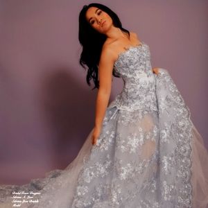 "KARA" Ice Blue & Silver Embroidered Lace & White Tulle Wedding Ballgown Set